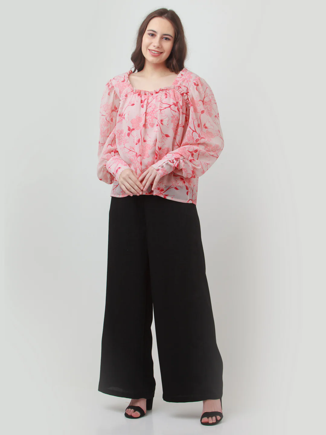 Pink Floral Print Gathered Top - Image 5