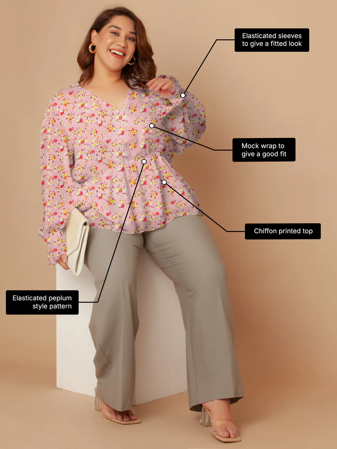 Pink Floral Print Peplum Top - Image 3