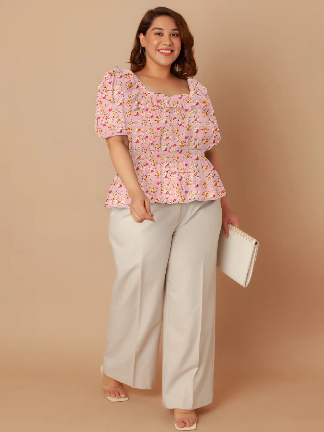 Pink Floral Print Peplum Top - Image 7