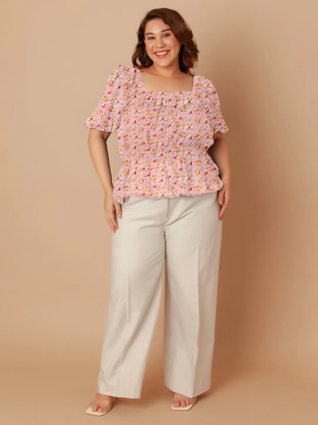Pink Floral Print Peplum Top - Image 8