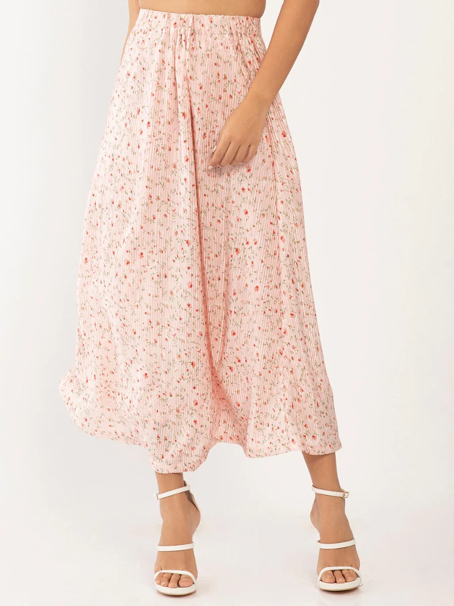Pink Floral Print Pleated Skirt - Image 2
