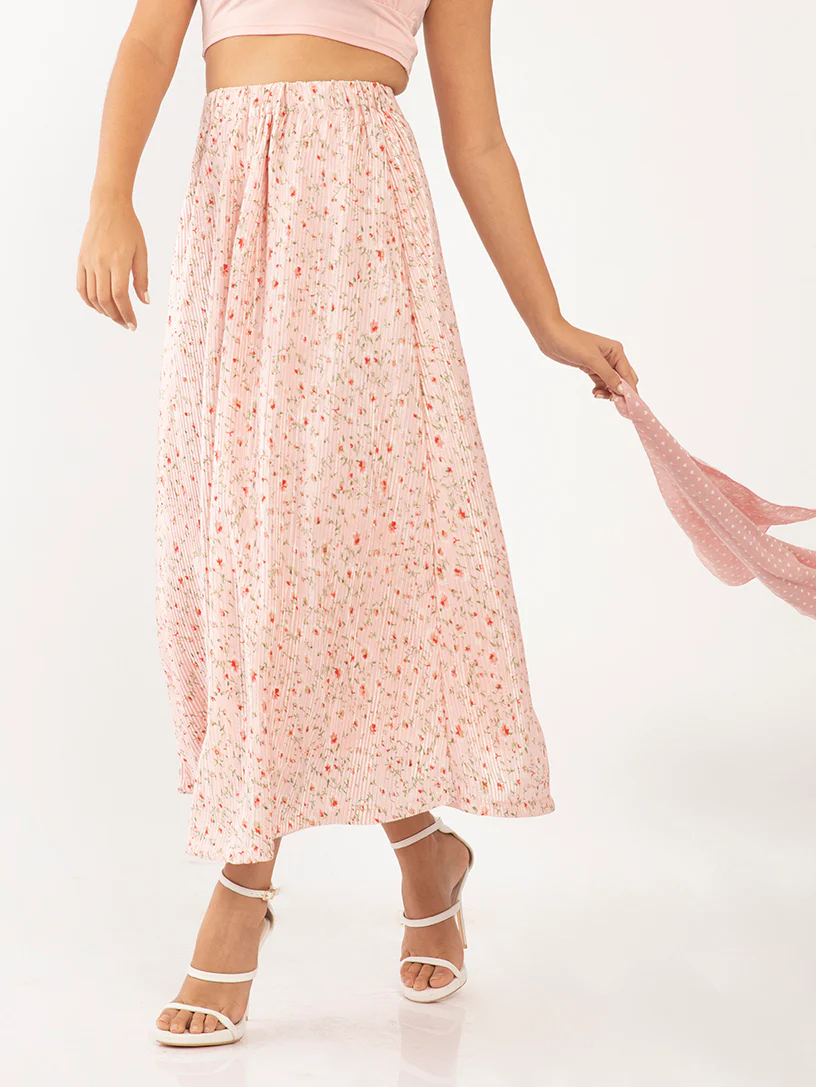 Pink Floral Print Pleated Skirt - Image 3