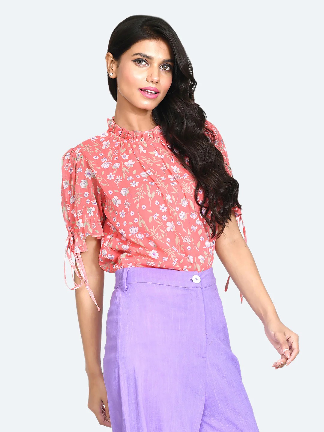 Pink Floral Print Puff Sleeve Top - Image 3