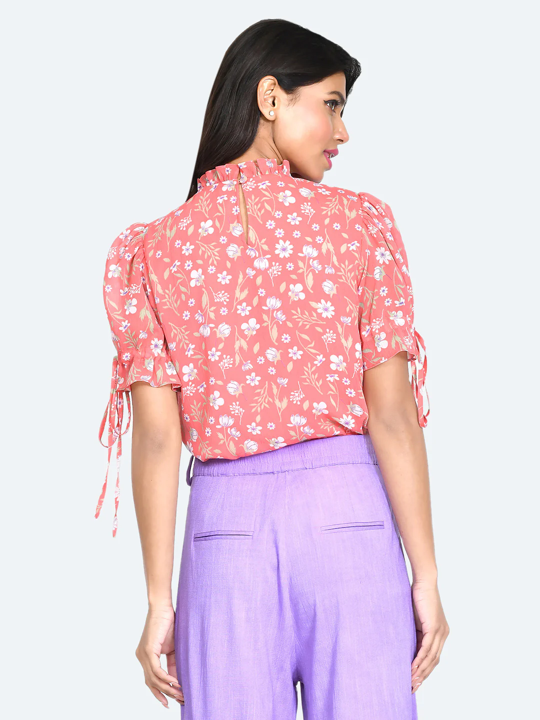 Pink Floral Print Puff Sleeve Top - Image 4