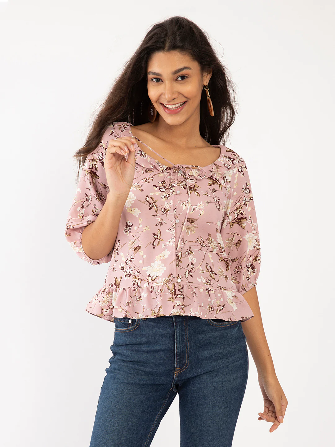 Pink Floral Print Ruffled Top - Image 2