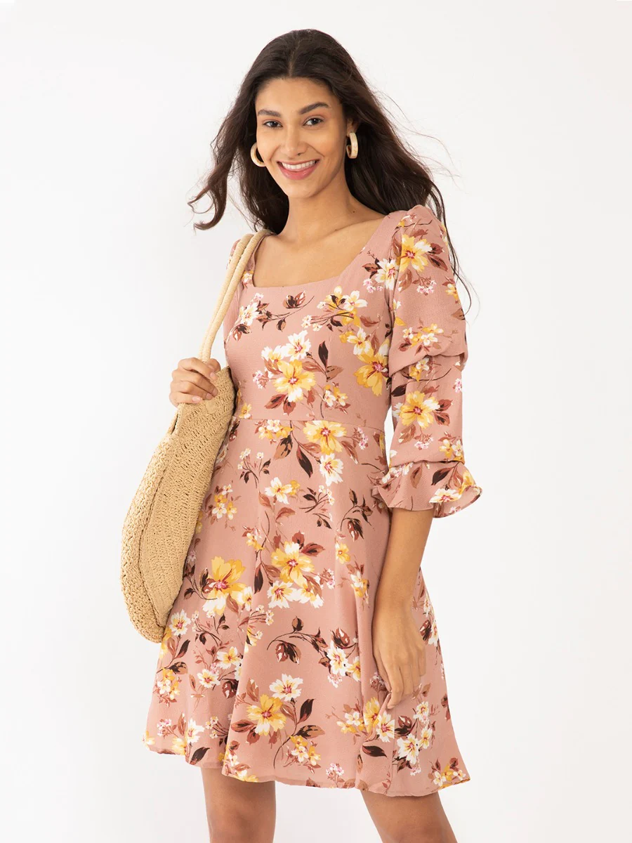 Pink Floral Print Short Dress - Image 2