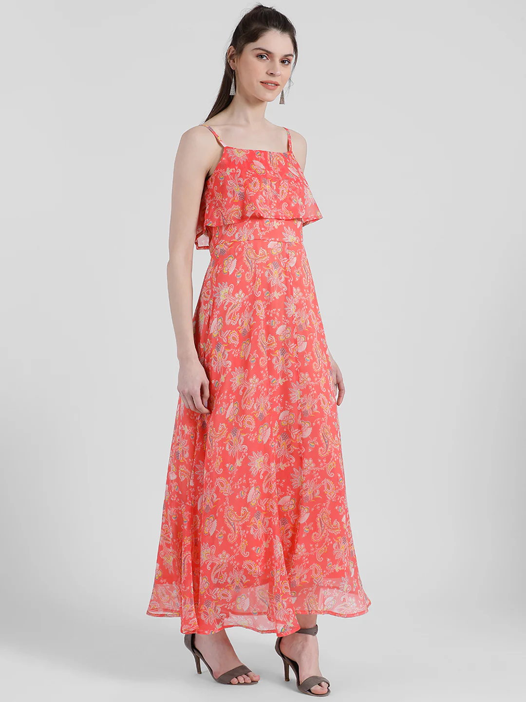 Orange Floral Print Strappy Maxi Dress - Image 3