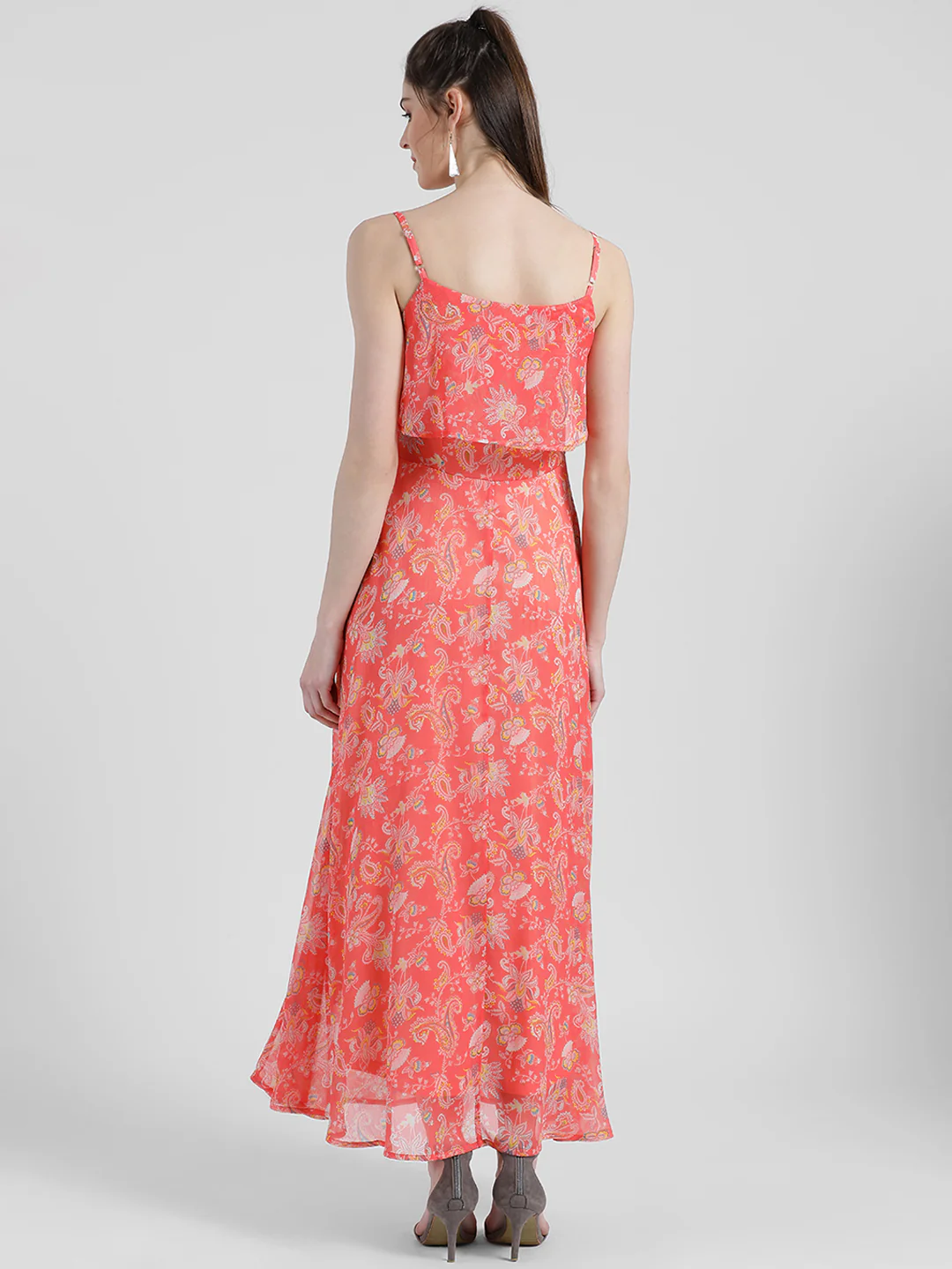 Orange Floral Print Strappy Maxi Dress - Image 4