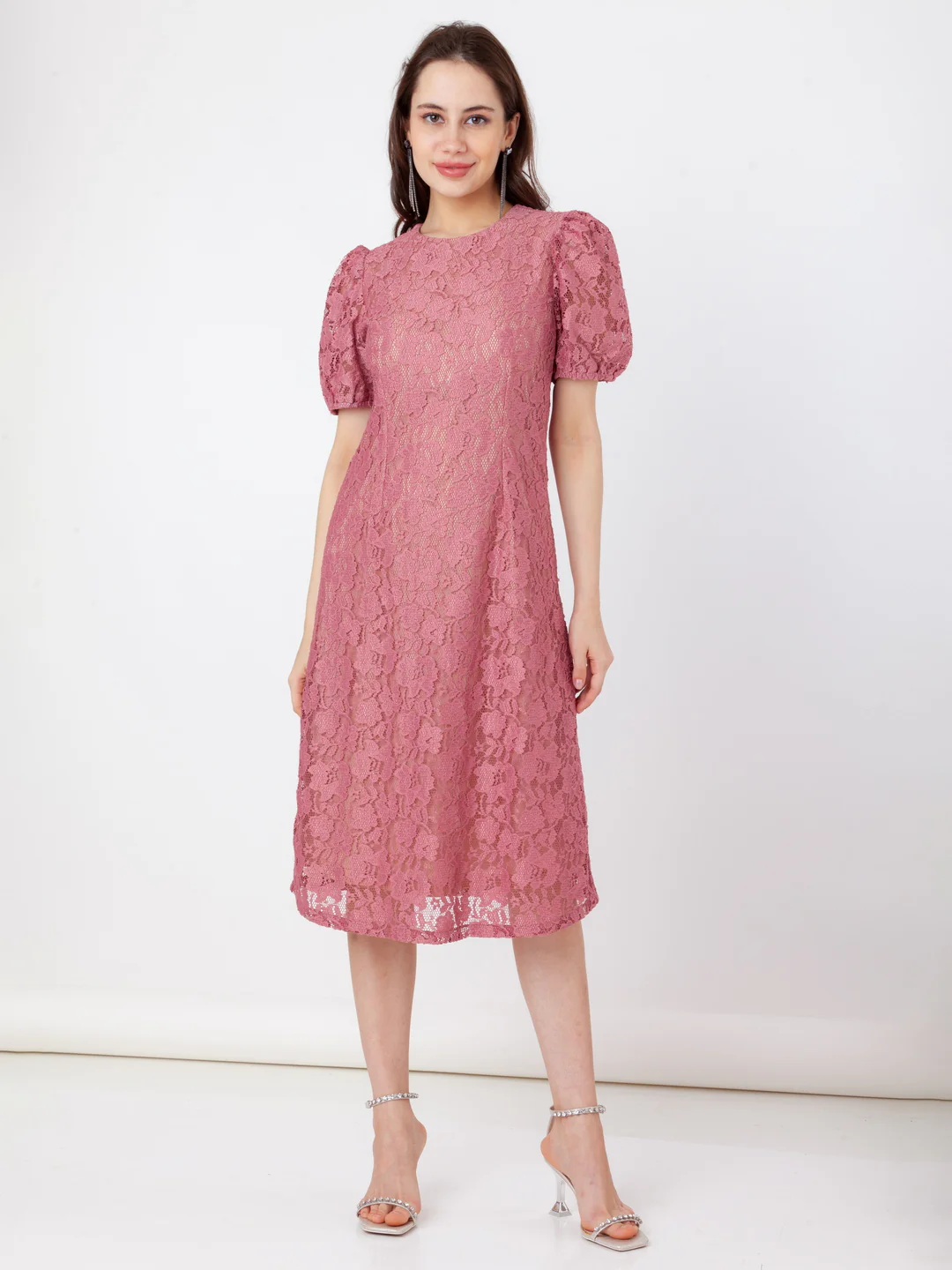 Pink Lace A-Line Midi Dress - Image 2