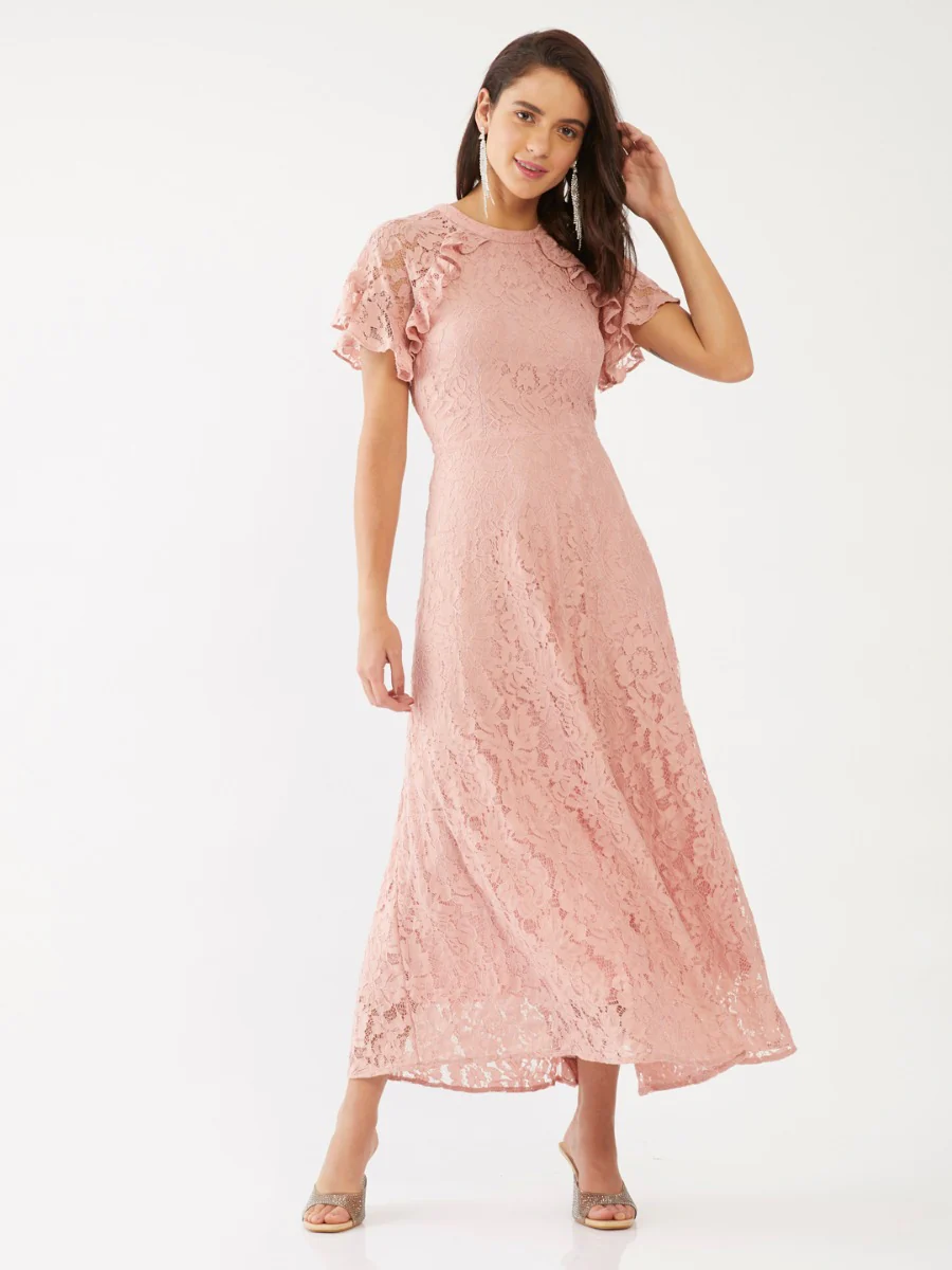 Pink Lace Flared Sleeve Maxi Dress - Image 2