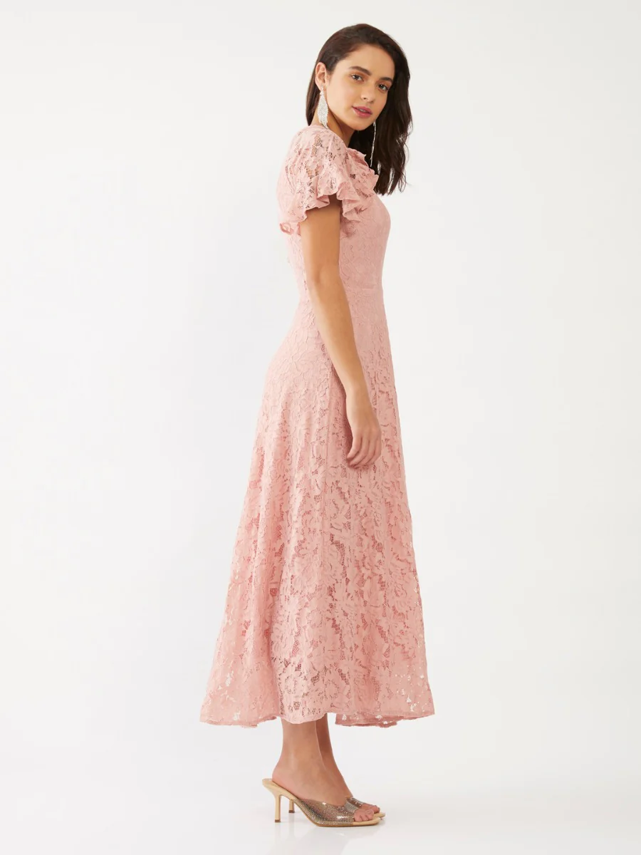 Pink Lace Flared Sleeve Maxi Dress - Image 3