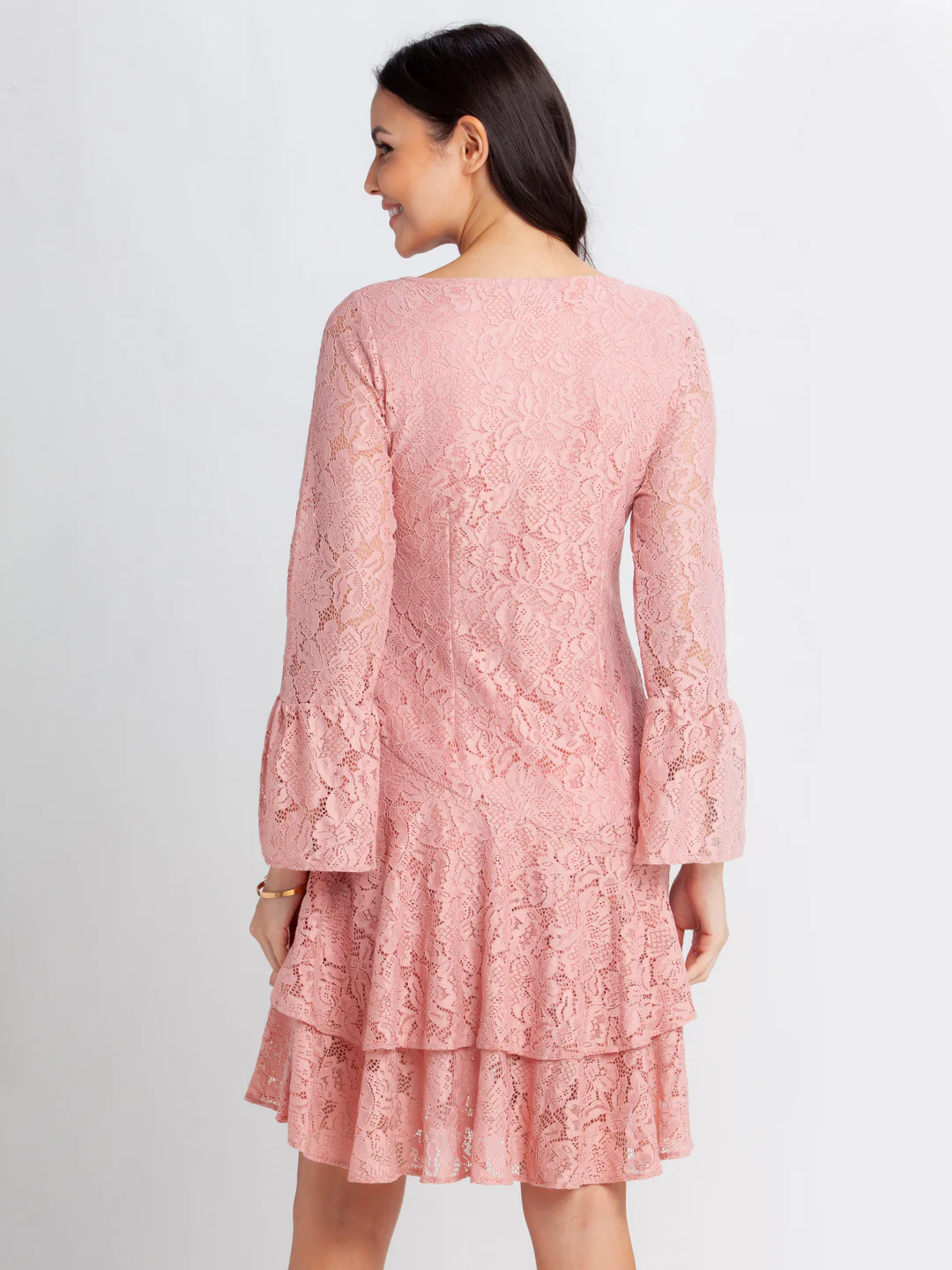 Pink Lace Flared Sleeve Short Dress - Image 4