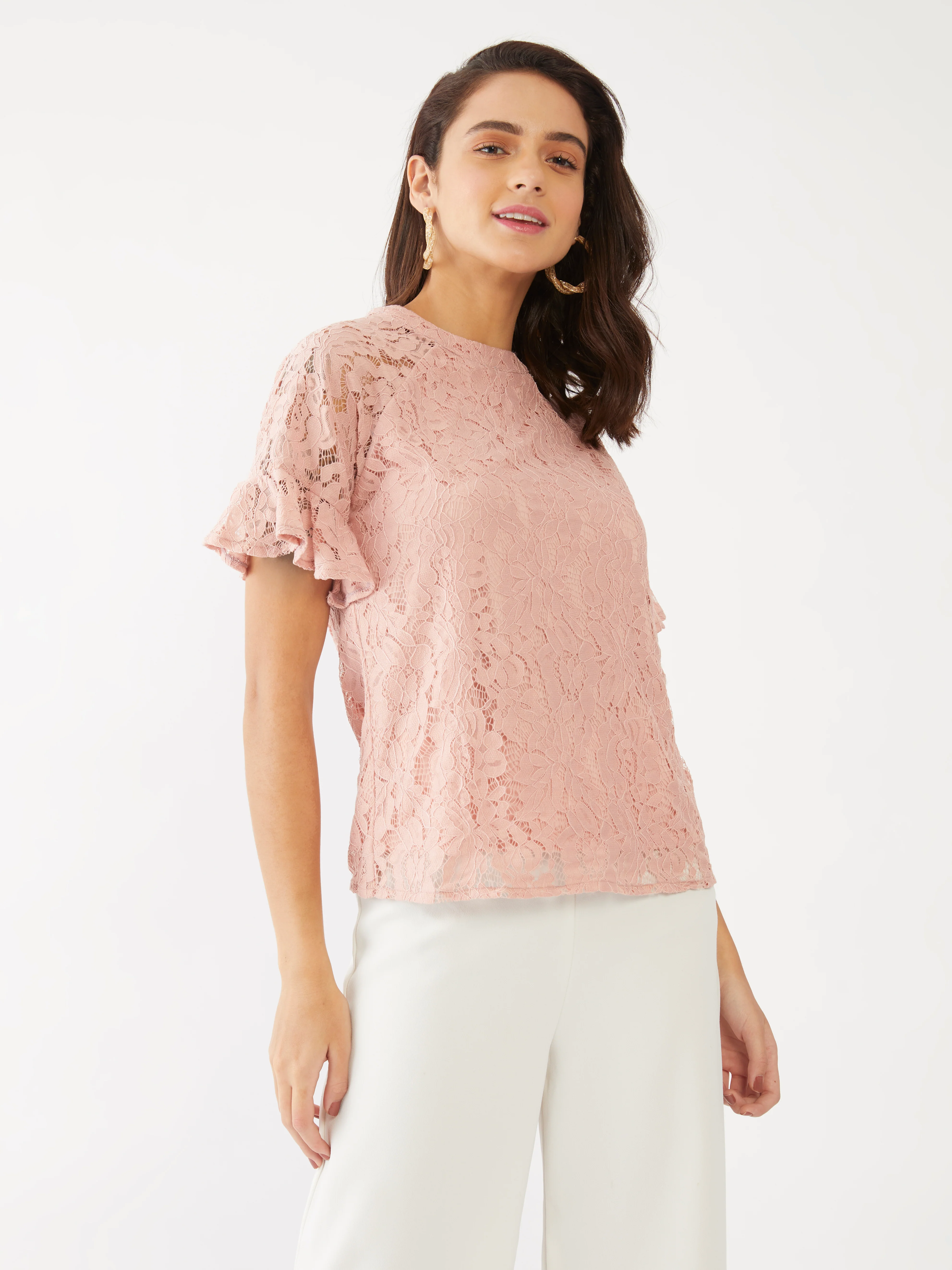 Pink Lace Flared Sleeve Top - Image 2