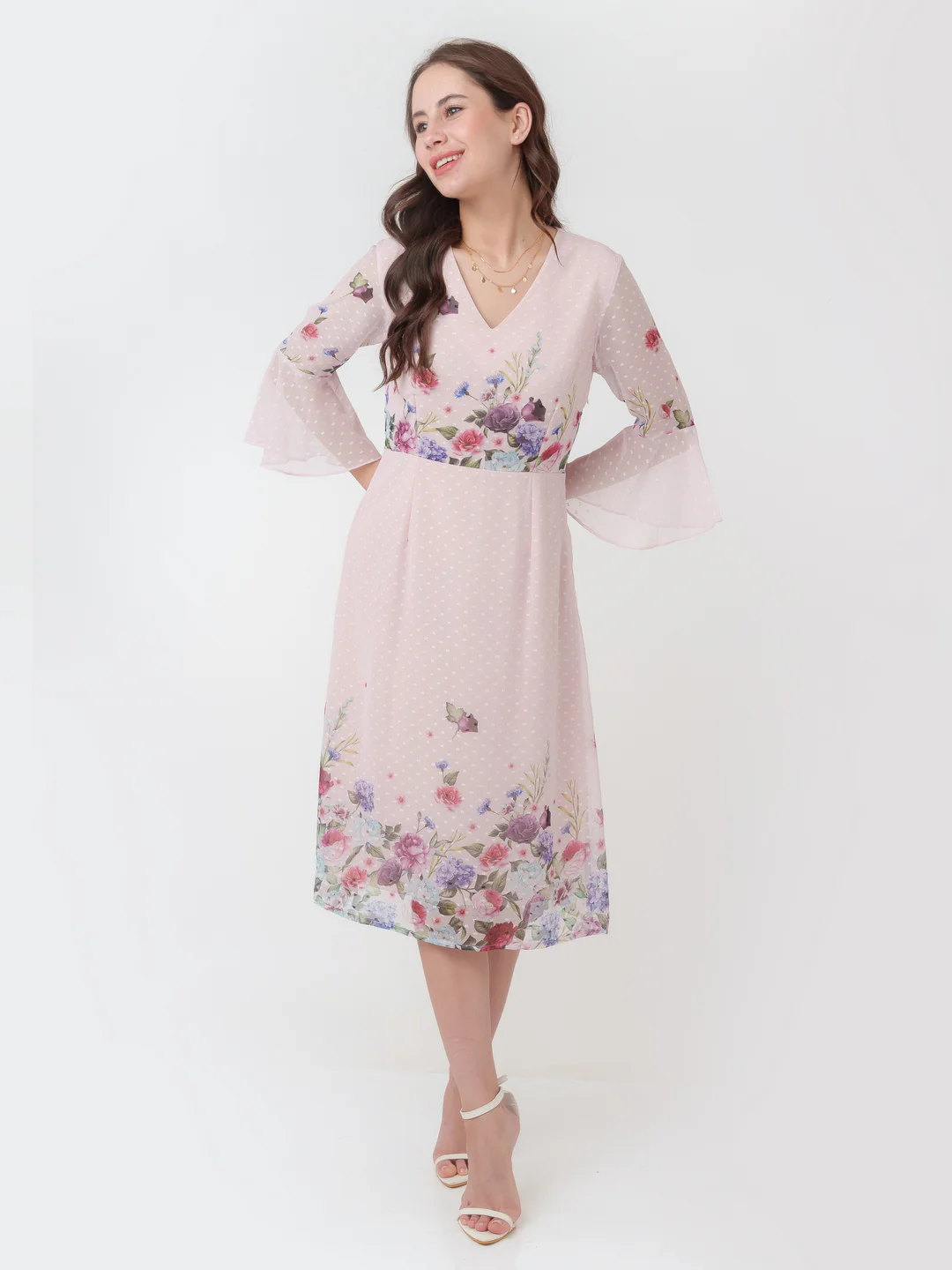 Pink Printed A-Line Midi Dress - Image 5