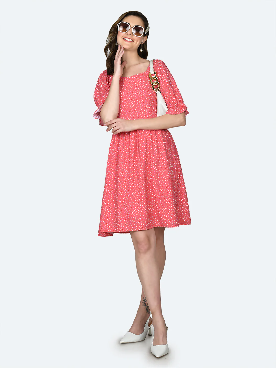 Pink Printed Elasticated Short Dress - Image 5