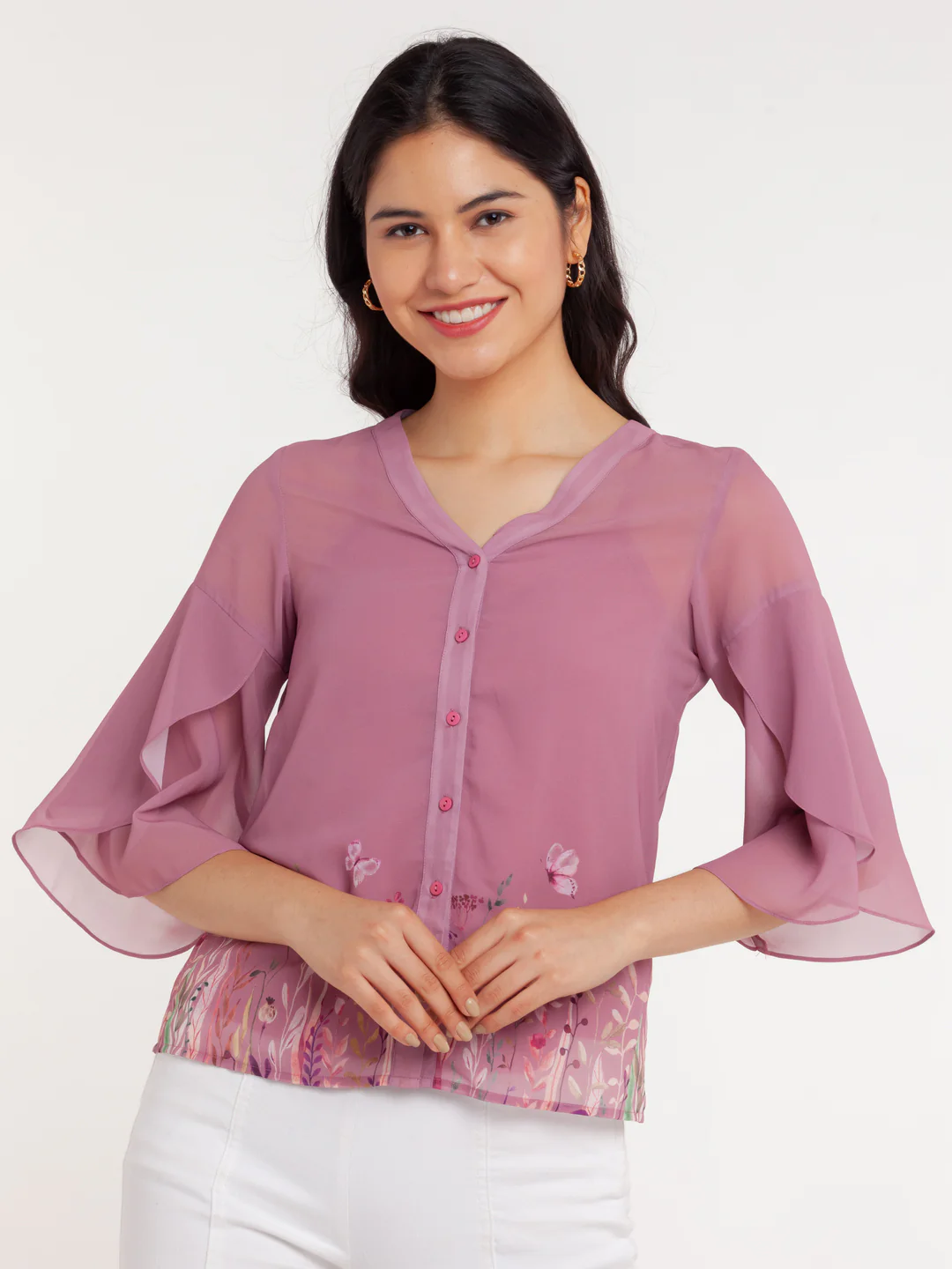 Pink Printed Flared Sleeve Top - Image 2