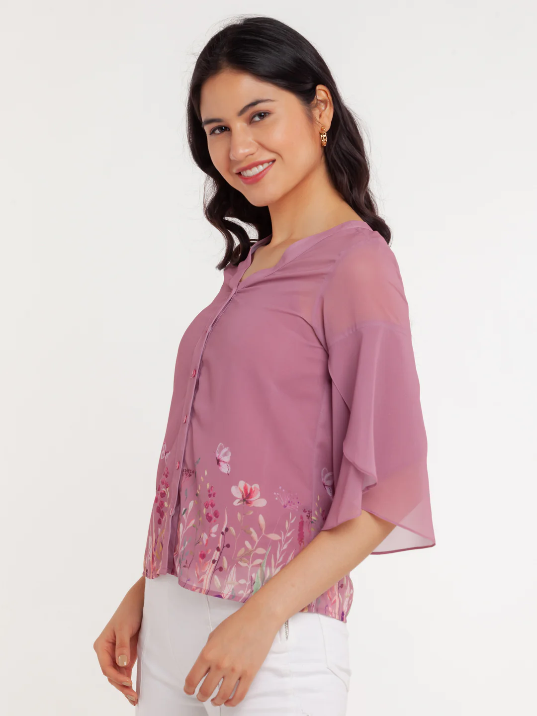 Pink Printed Flared Sleeve Top - Image 3