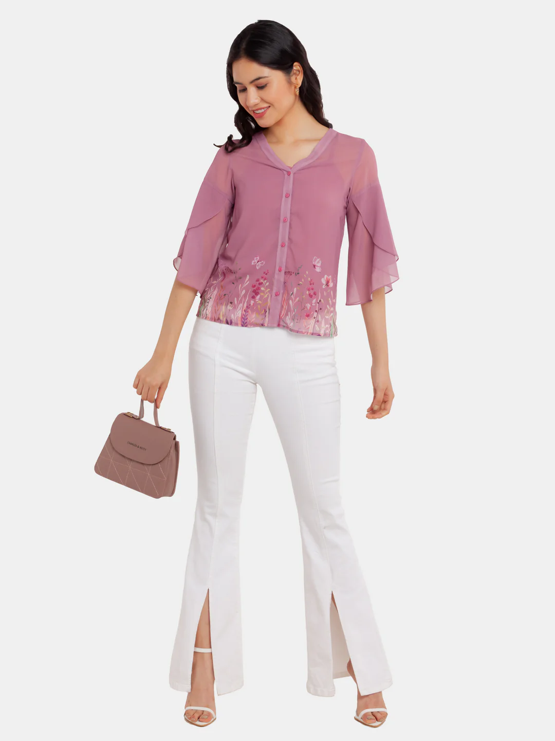Pink Printed Flared Sleeve Top - Image 5
