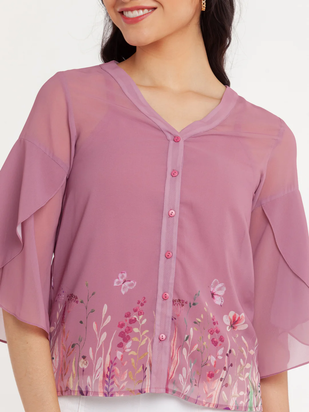 Pink Printed Flared Sleeve Top - Image 6