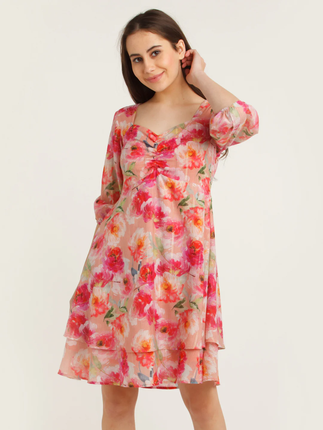 Pink Printed Layered Short Dress - Image 2