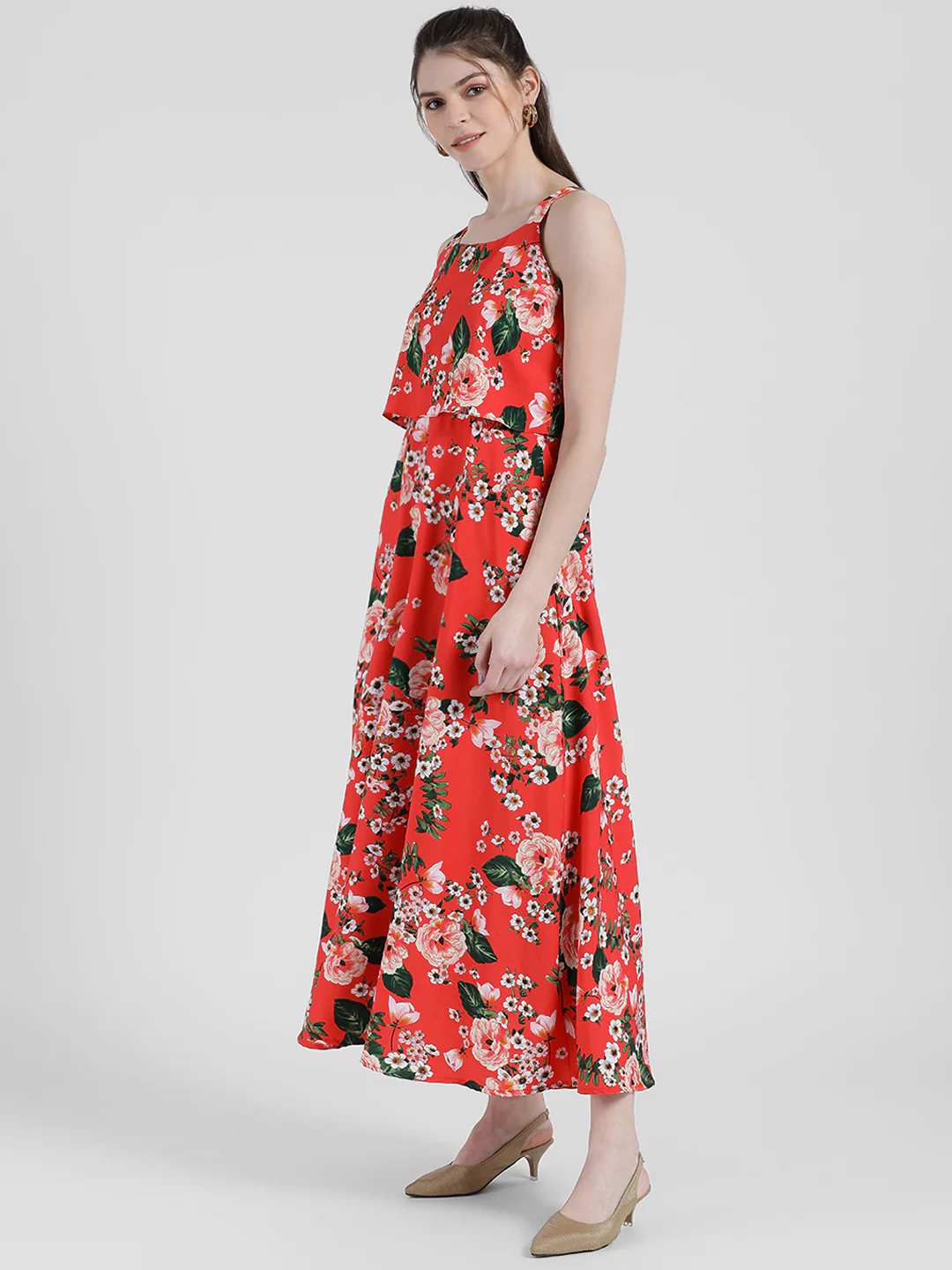 Red Floral Print Layered Maxi Dress - Image 2