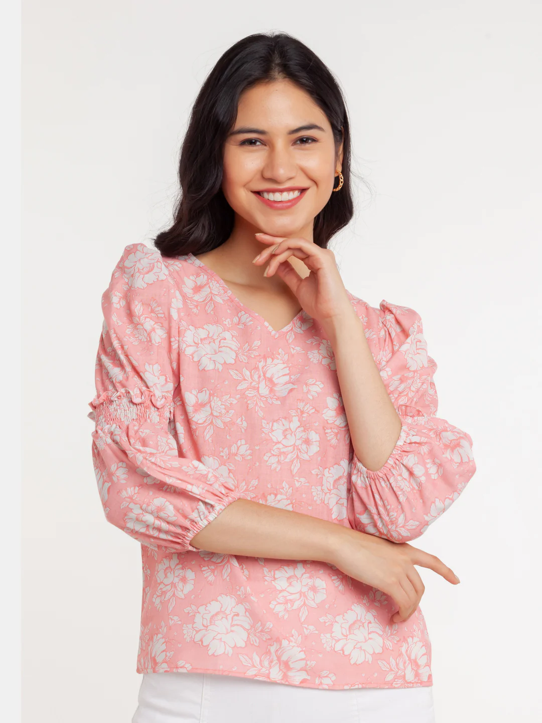 Pink Printed Puff Sleeve Top - Image 2