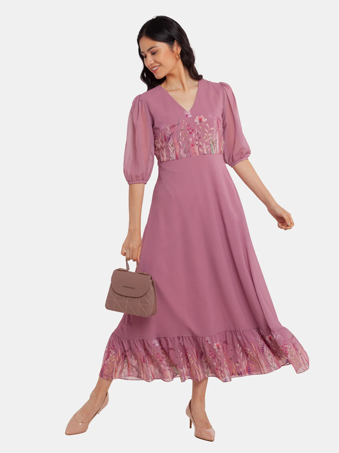 Pink Printed Tiered Maxi Dress