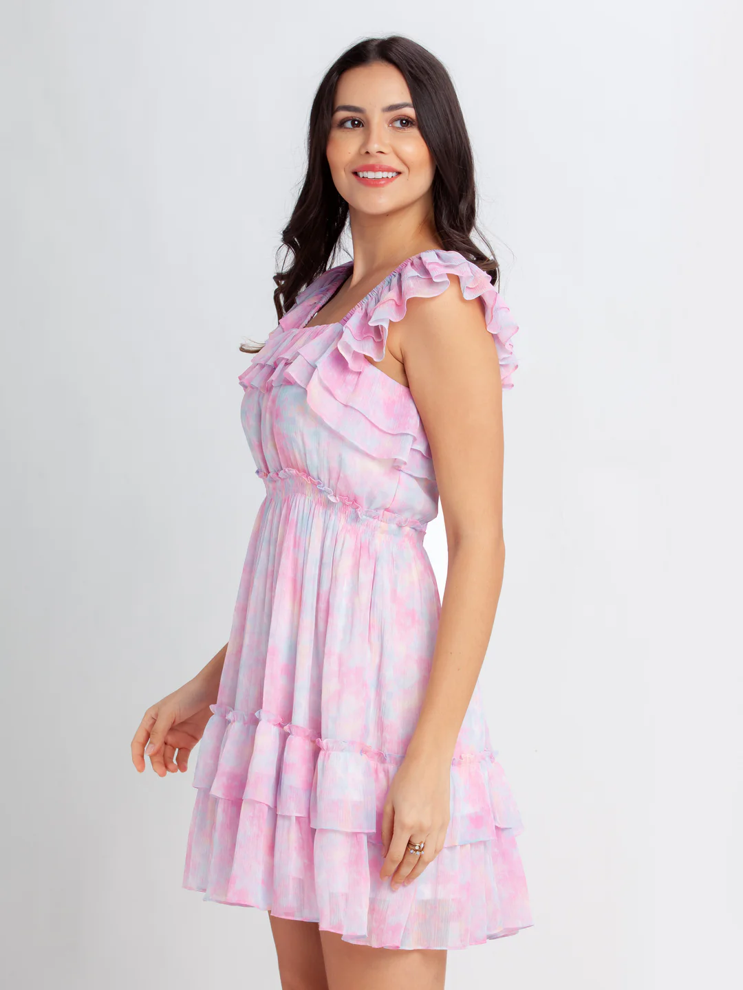 Pink Printed Tiered Short Dress - Image 3