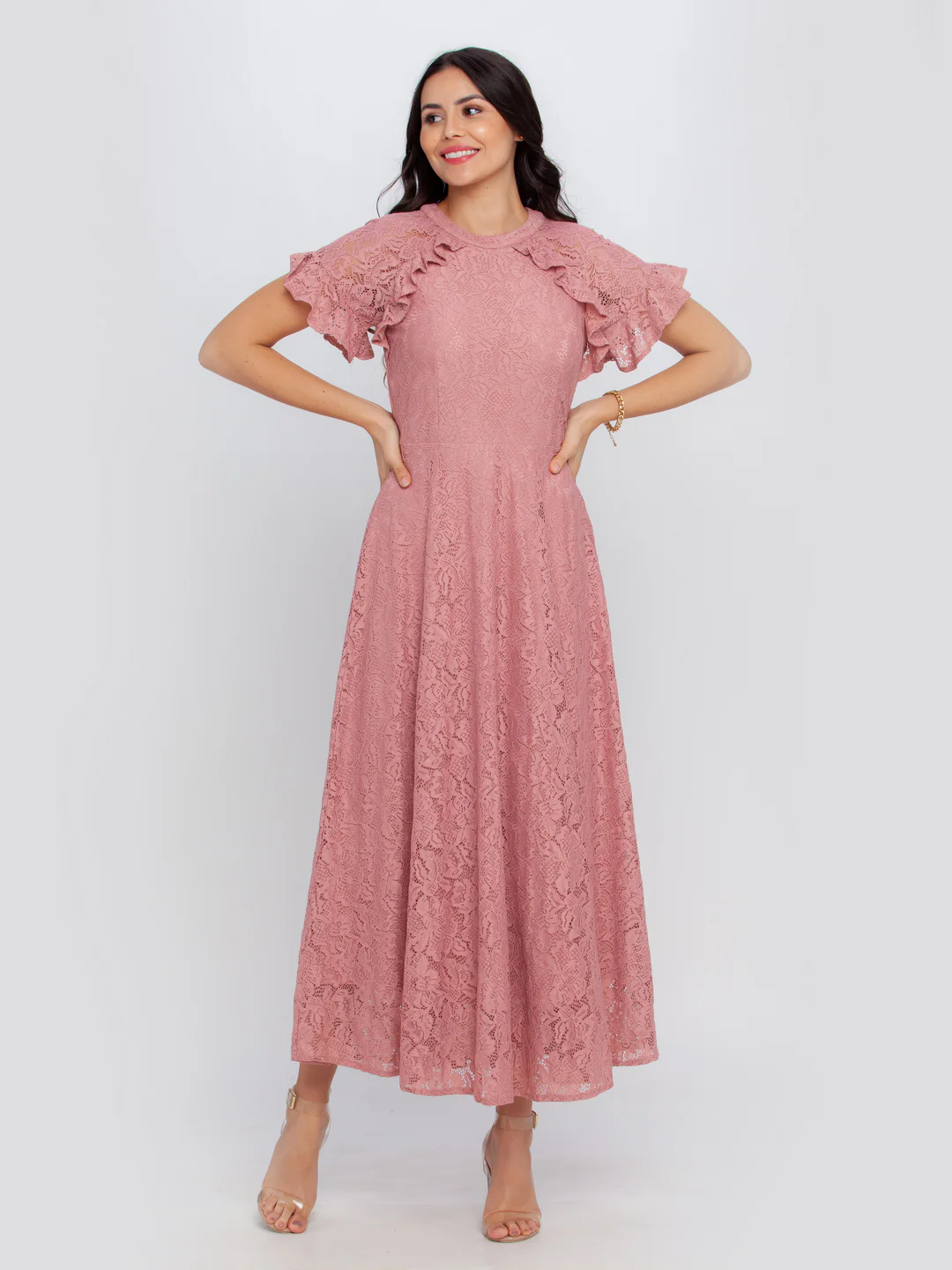 Pink Self Design Flared Sleeve Maxi Dress - Image 2