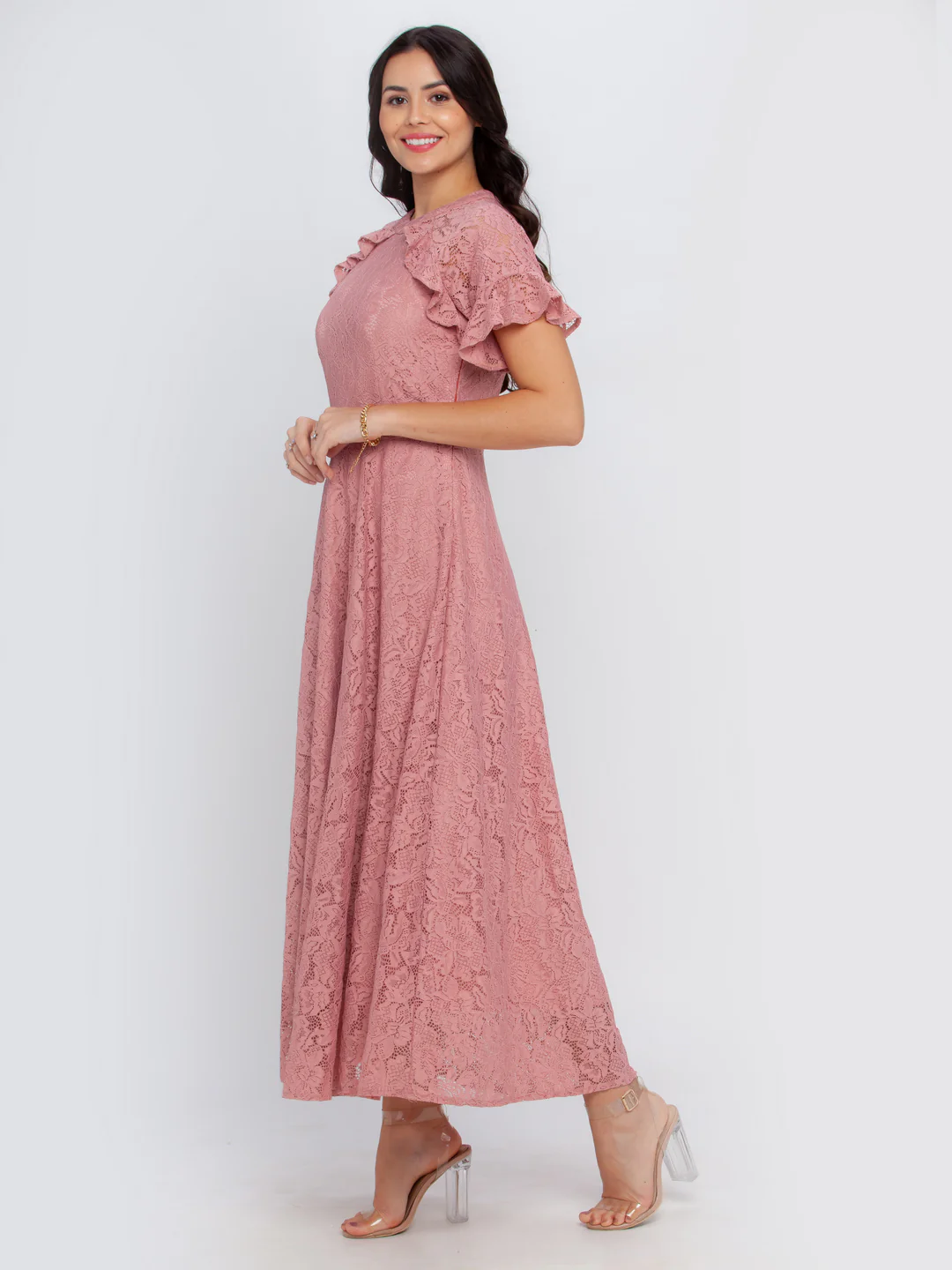 Pink Self Design Flared Sleeve Maxi Dress - Image 3