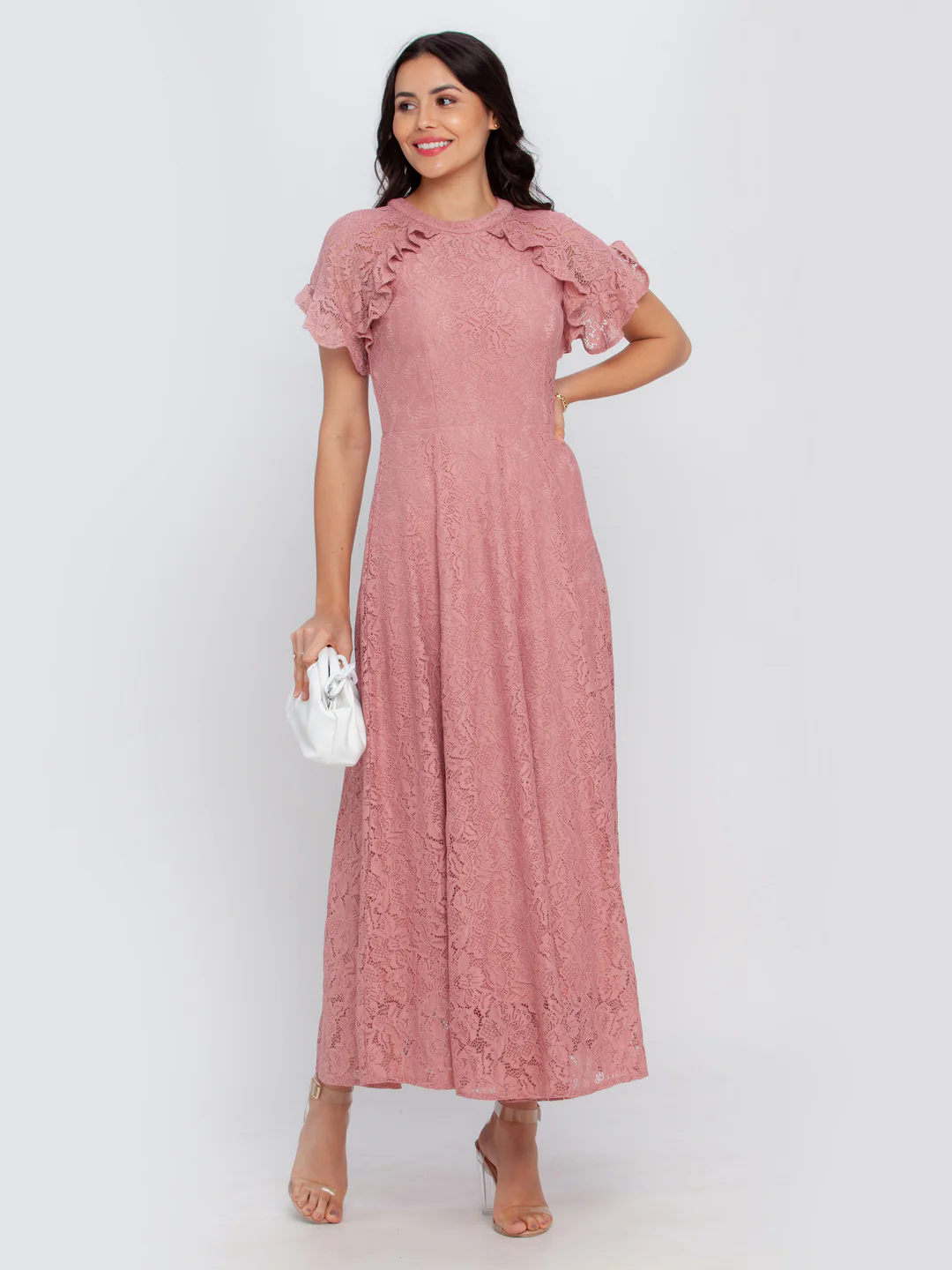 Pink Self Design Flared Sleeve Maxi Dress - Image 5