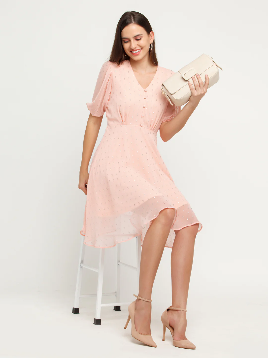 Pink Self Design Gathered Short Dress