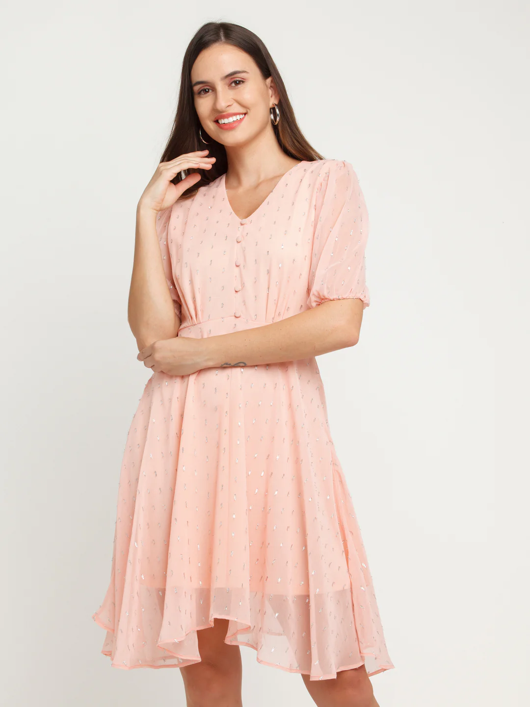 Pink Self Design Gathered Short Dress - Image 2
