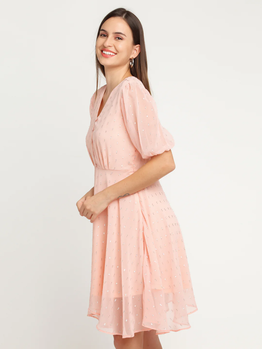 Pink Self Design Gathered Short Dress - Image 3