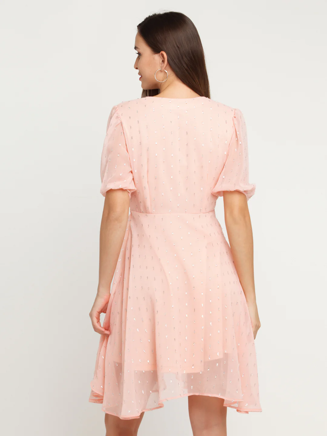 Pink Self Design Gathered Short Dress - Image 4