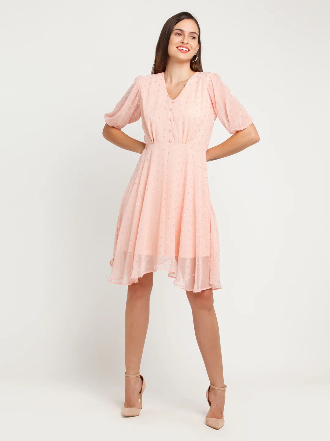 Pink Self Design Gathered Short Dress - Image 5
