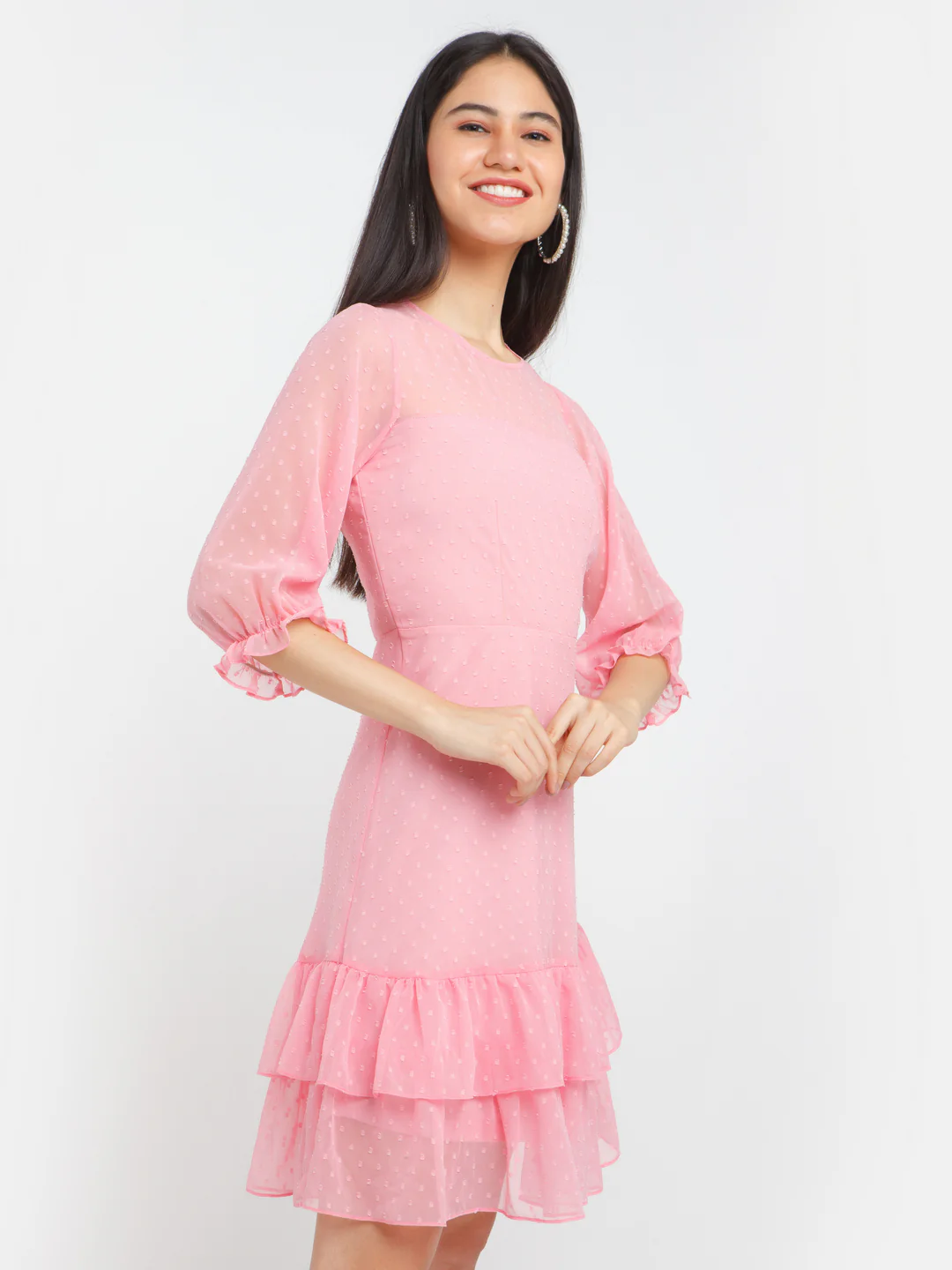 Pink Self Design Ruffled Short Dress - Image 3