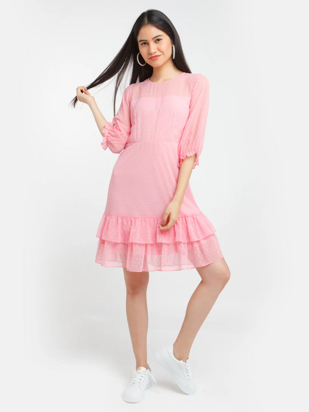 Pink Self Design Ruffled Short Dress - Image 5