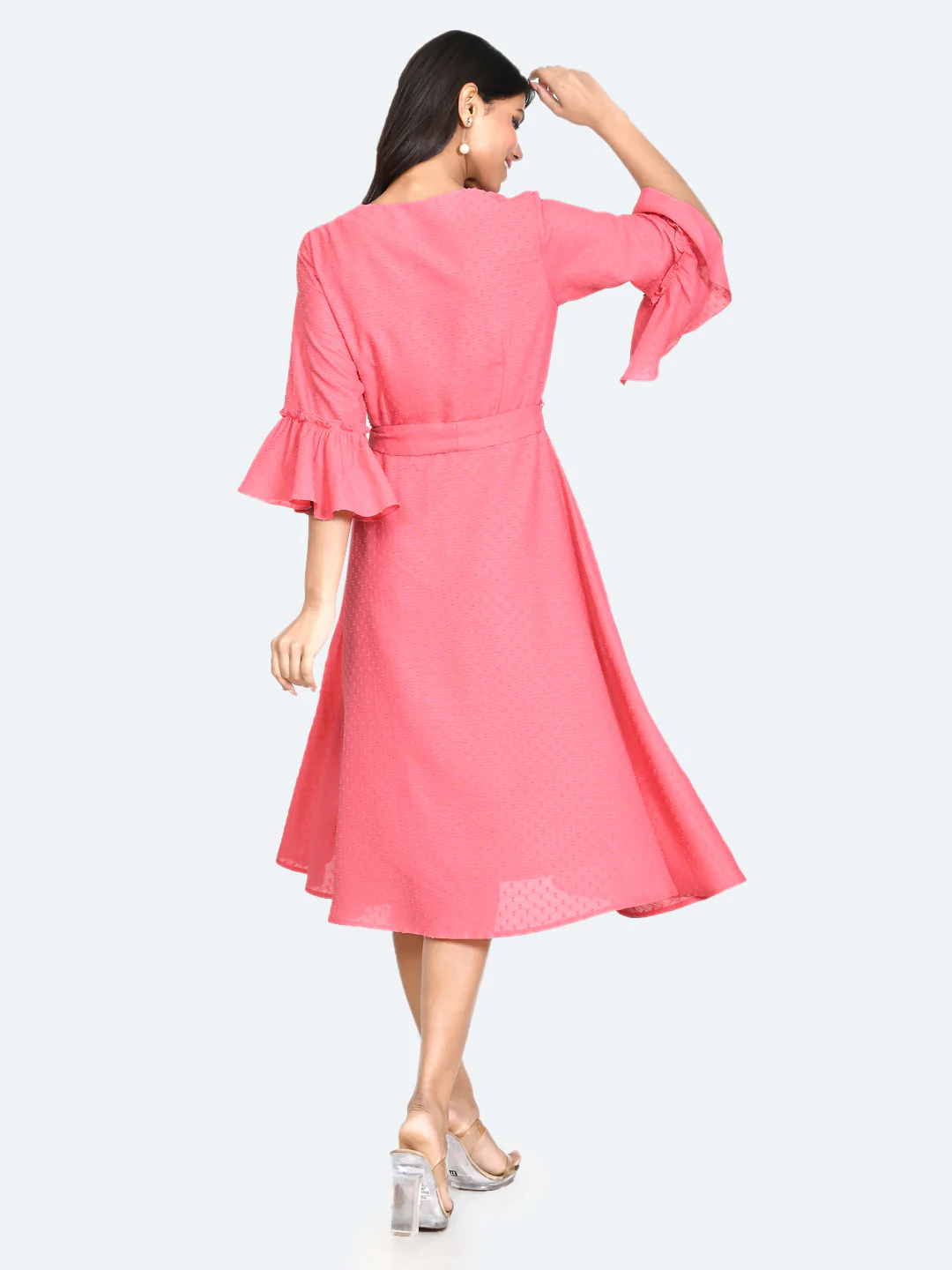 Pink Self Design Tie-Up Midi Dress - Image 4