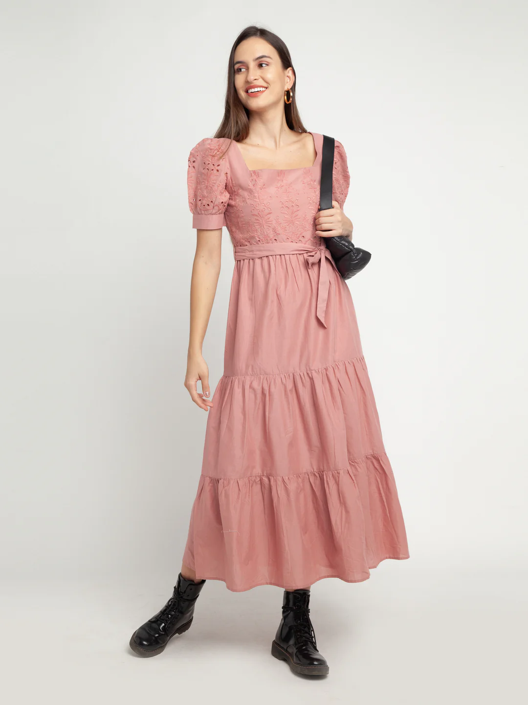 Pink Self Design Tiered Maxi Dress - Image 5