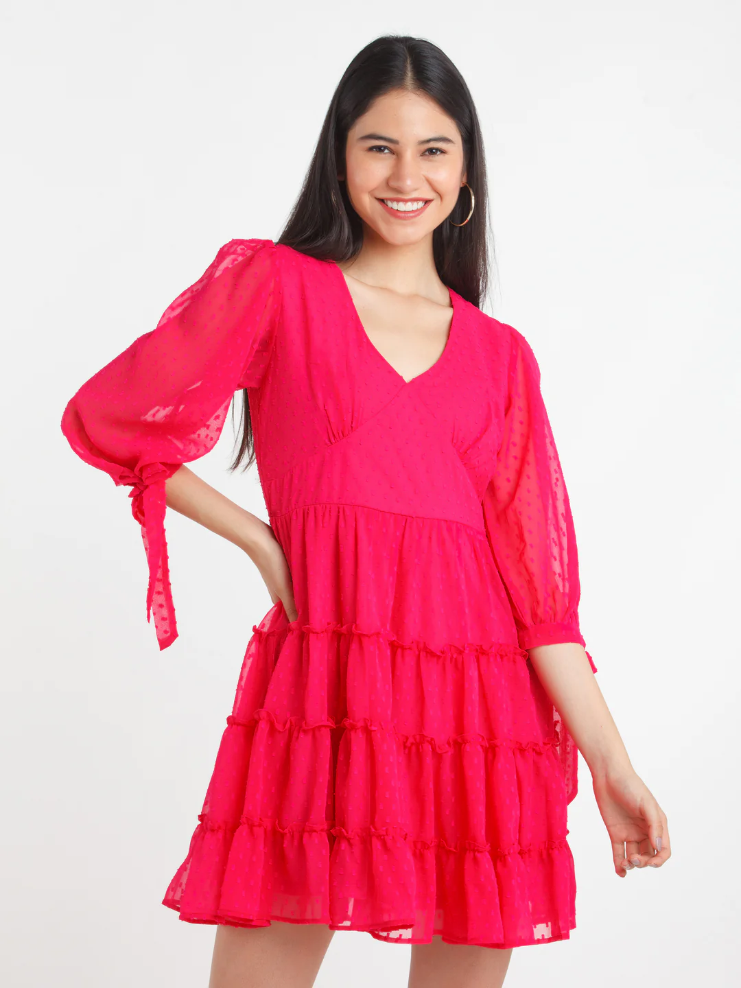 Pink Self Design Tiered Short Dress - Image 2