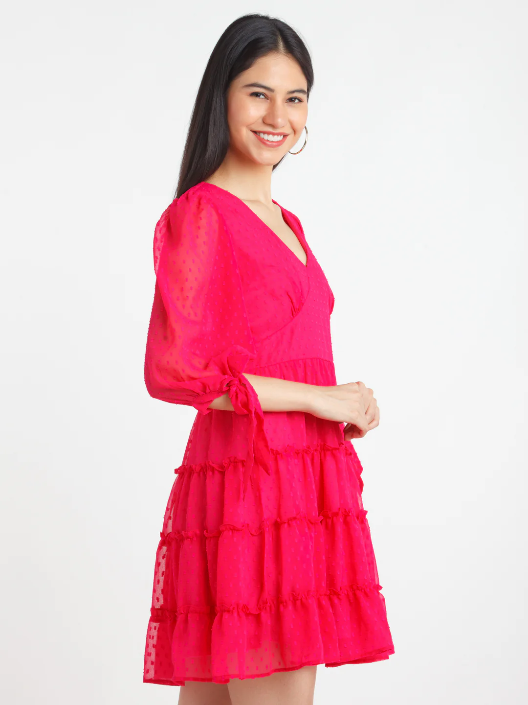 Pink Self Design Tiered Short Dress - Image 3