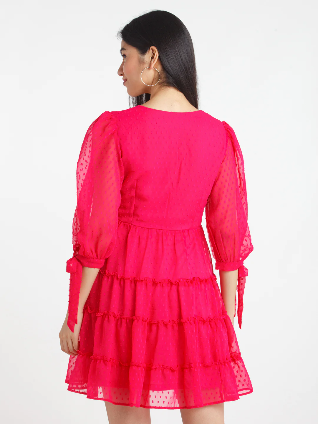Pink Self Design Tiered Short Dress - Image 4