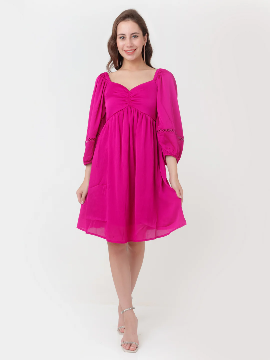 Pink Solid A-Line Short Dress - Image 2