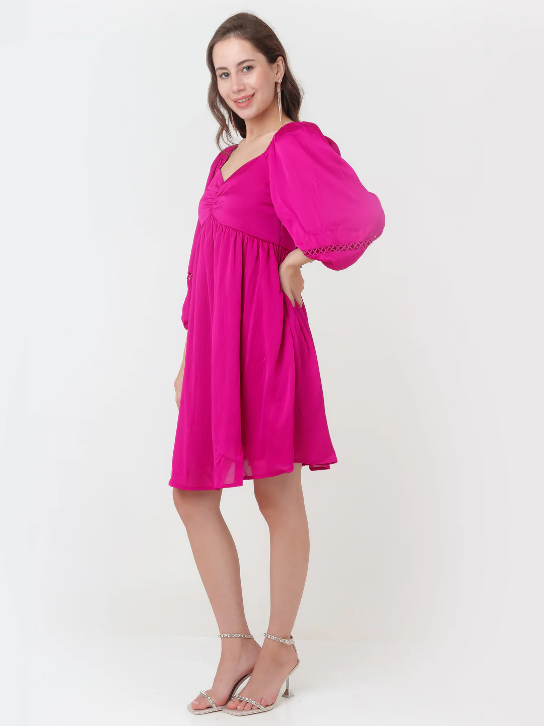 Pink Solid A-Line Short Dress - Image 3