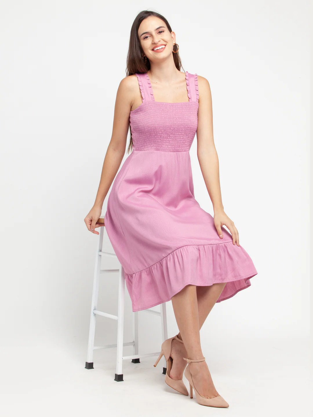 Pink Solid Elasticated Midi Dress