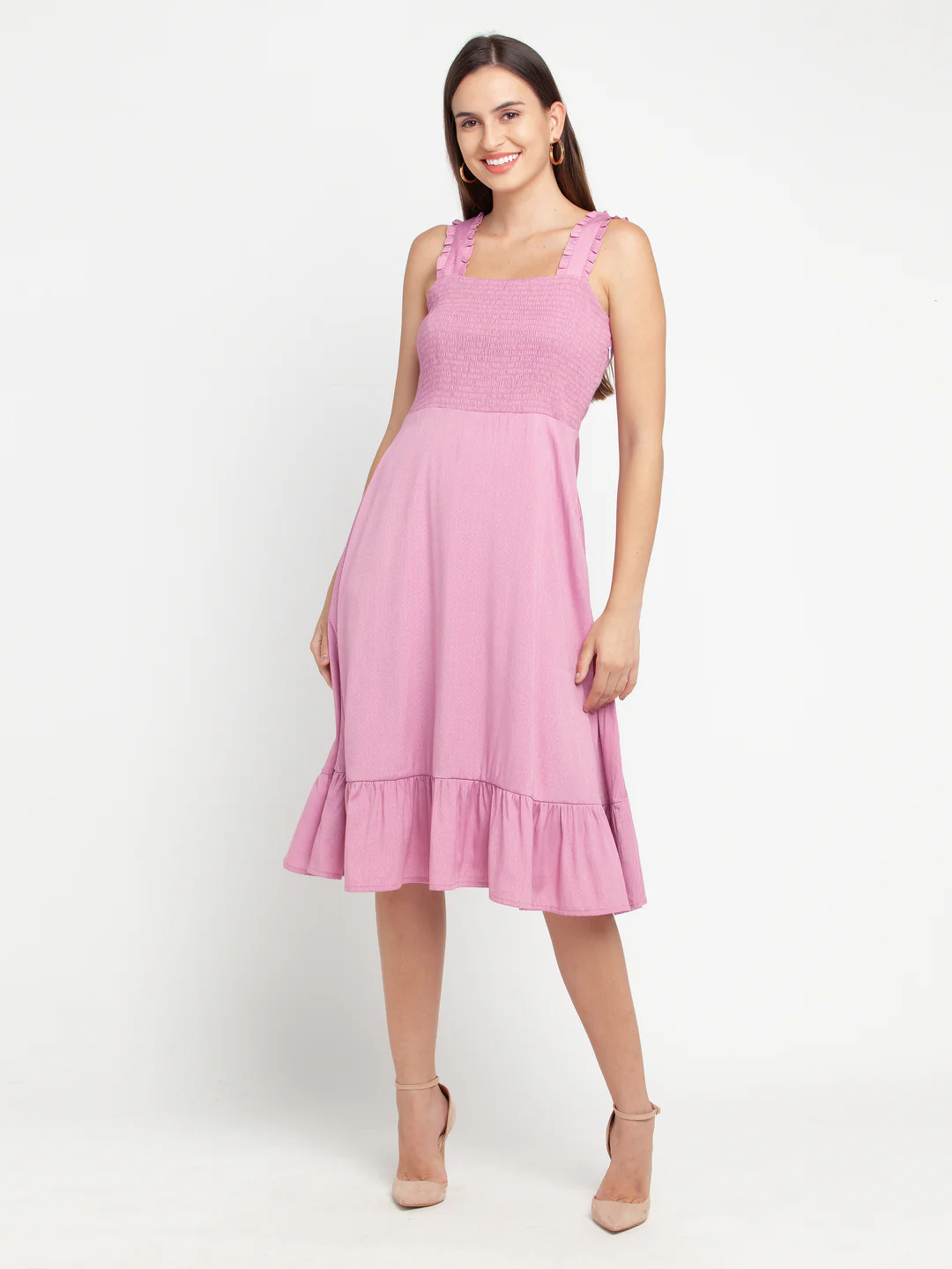 Pink Solid Elasticated Midi Dress - Image 2