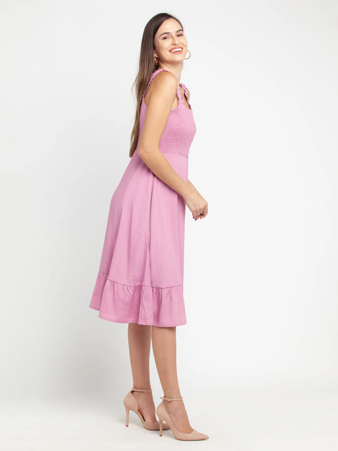 Pink Solid Elasticated Midi Dress - Image 3