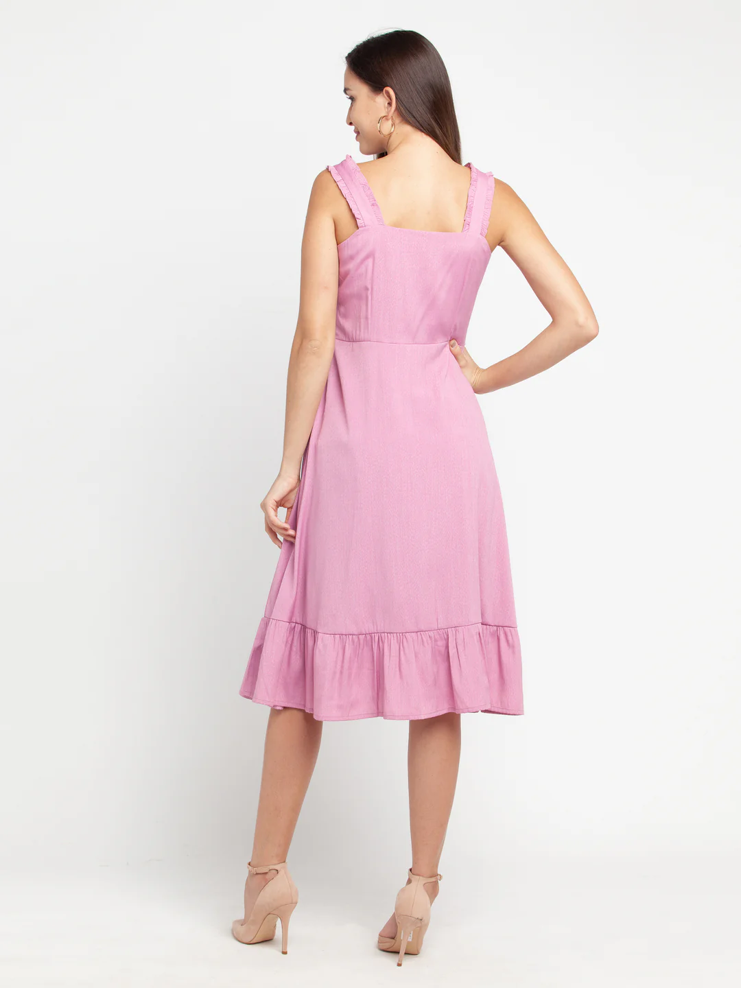Pink Solid Elasticated Midi Dress - Image 4
