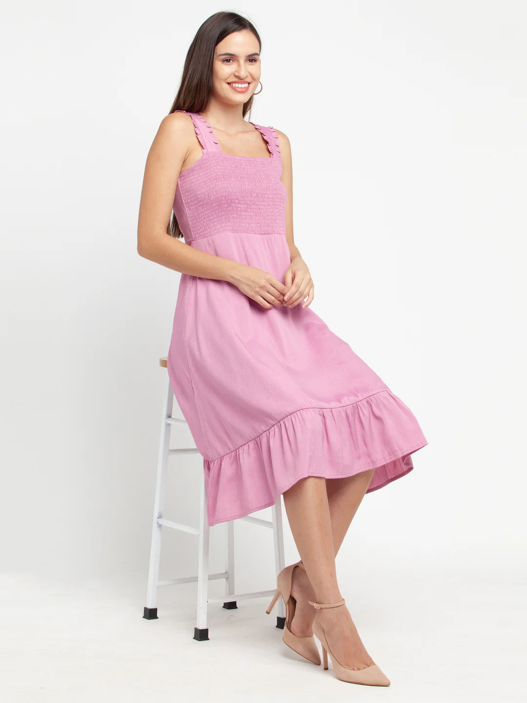 Pink Solid Elasticated Midi Dress - Image 5